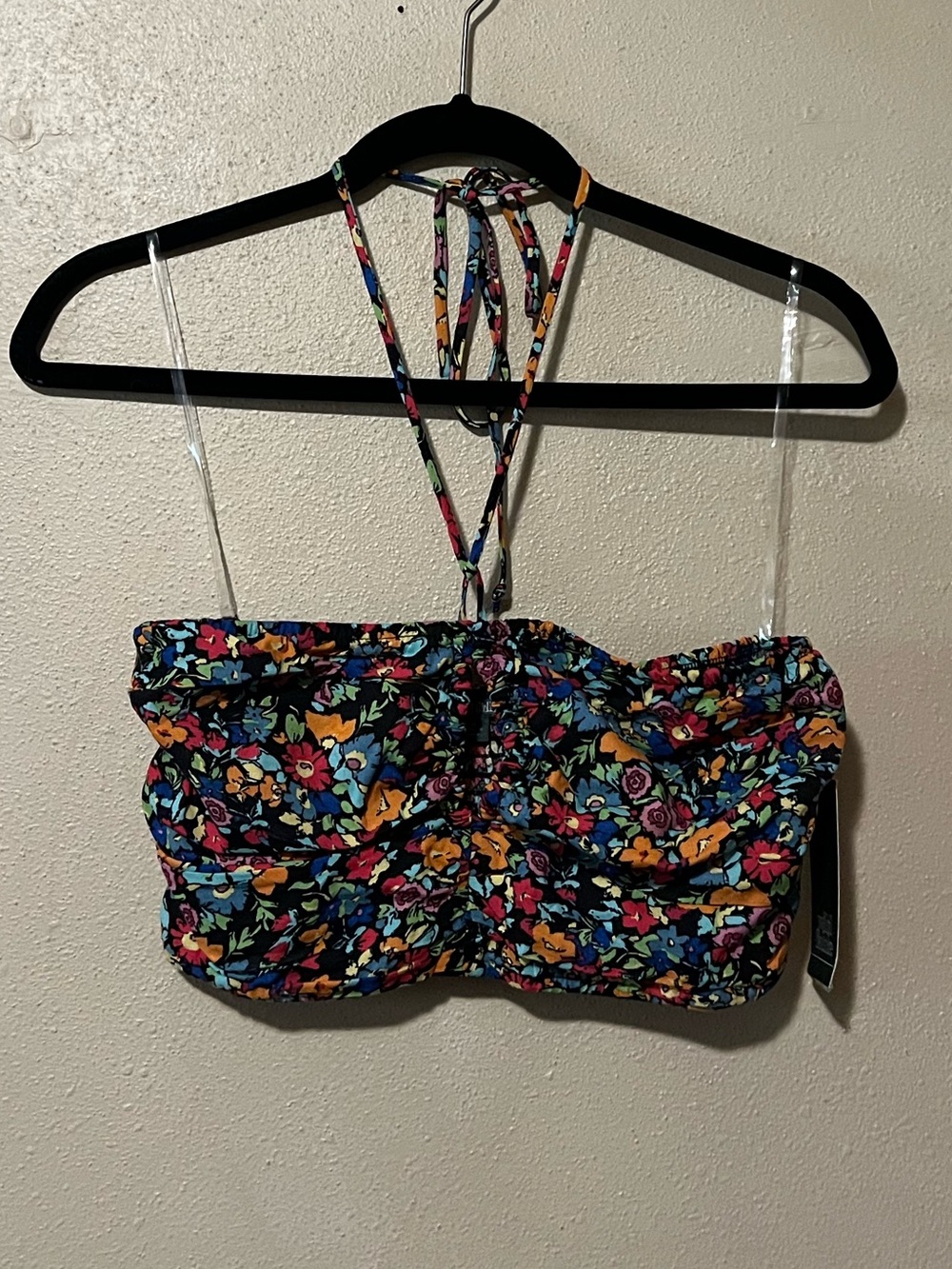 Wild Fable Black Multicolor Floral Strapless Crop Top with Halter Tie